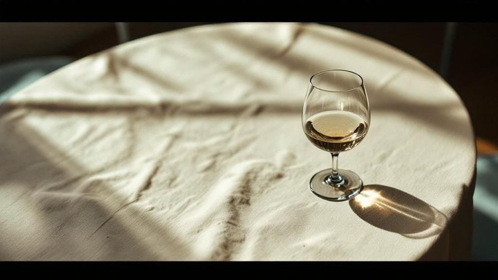 Ein einzelnes leeres Weinglas neben einem Glas Wasser auf cremefarbenem Leinen, weiches Seitenlicht