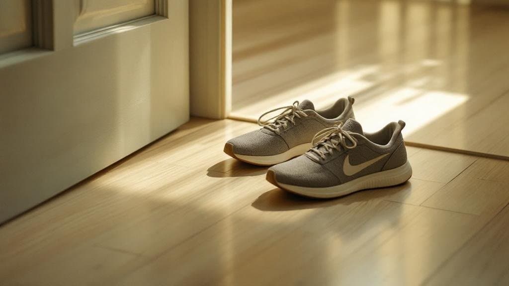 Leere Laufschuhe neben einer Türschwelle, Morgenlicht fällt durch die geöffnete Tür auf cremefarbene Dielen