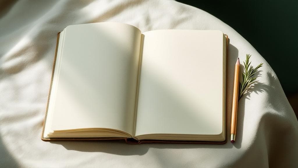 Offenes leeres Notizbuch mit Holzbleistift und einem Zweig Rosmarin auf cremefarbenem Stoff, viel Negativraum