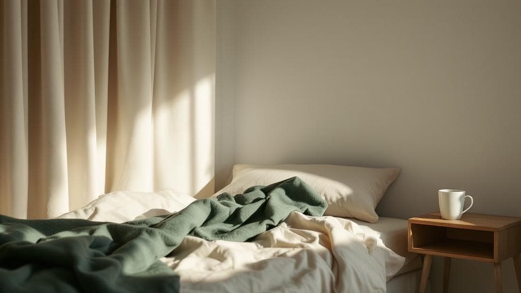 Ruhiges Schlafzimmer bei Sonnenaufgang, gefaltete dunkelgrüne Wolldecke auf cremefarbenem Leinen, Keramik-Tasse auf dem Nachttisch