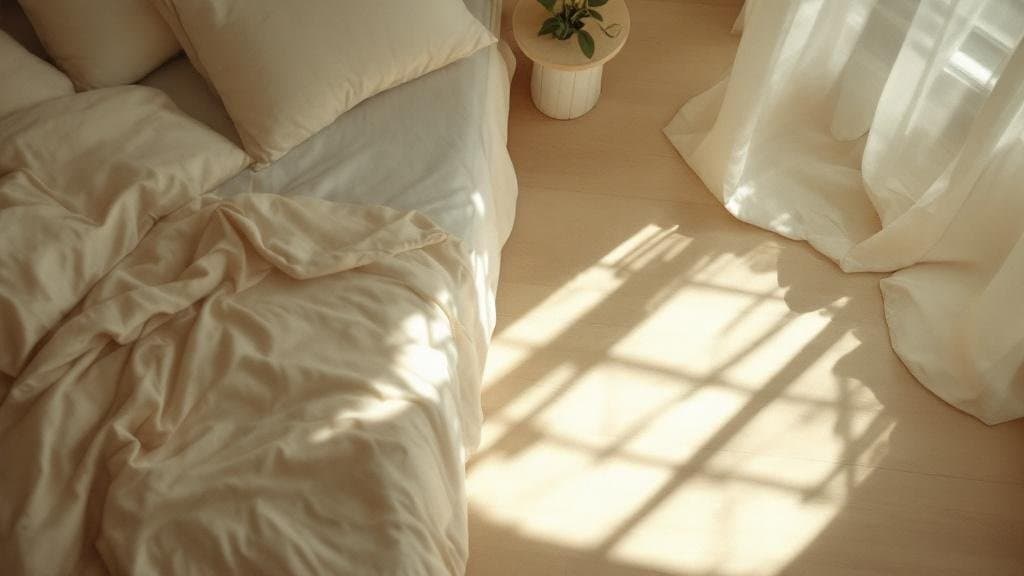 Ruhiges Schlafzimmer bei erstem Tageslicht, cremefarbene Bettwäsche, einzelner Lichtstrahl auf Holzdielen