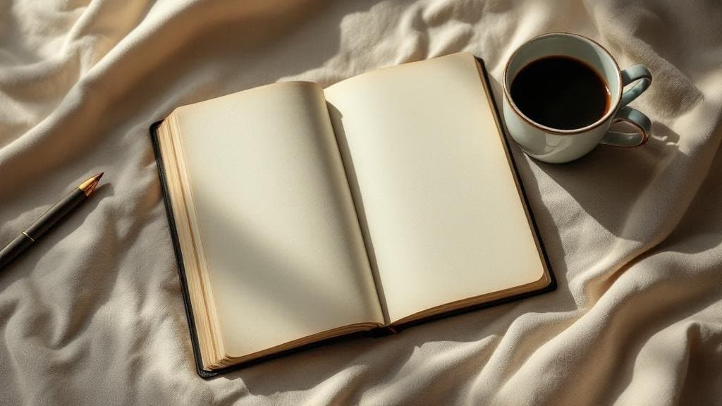 Leeres Notizbuch auf cremefarbenem Leinen, aufgeschlagen mit handgeschriebener Zeile, daneben eine Tasse Kaffee — editorial, ruhig