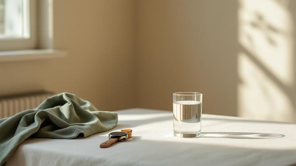 Glas Wasser auf cremefarbenem Leinen, daneben ein Sporthandtuch und eine Armbanduhr, weiches Morgenlicht