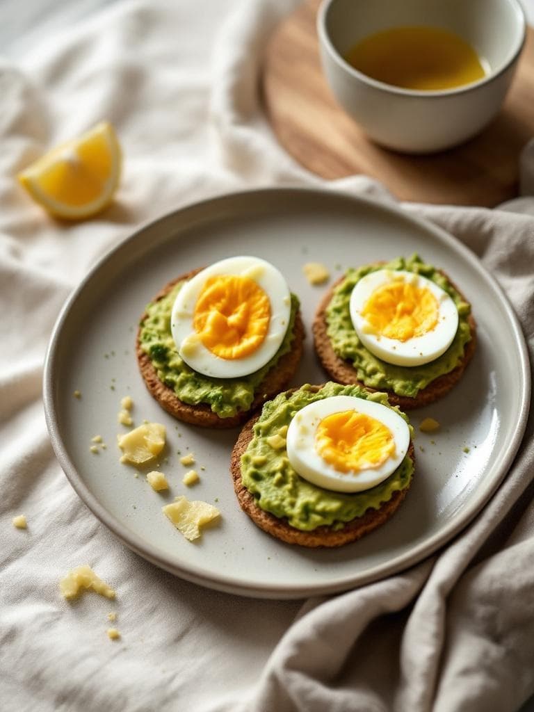 Hartgekochte Eier mit Avocado auf Vollkorncracker