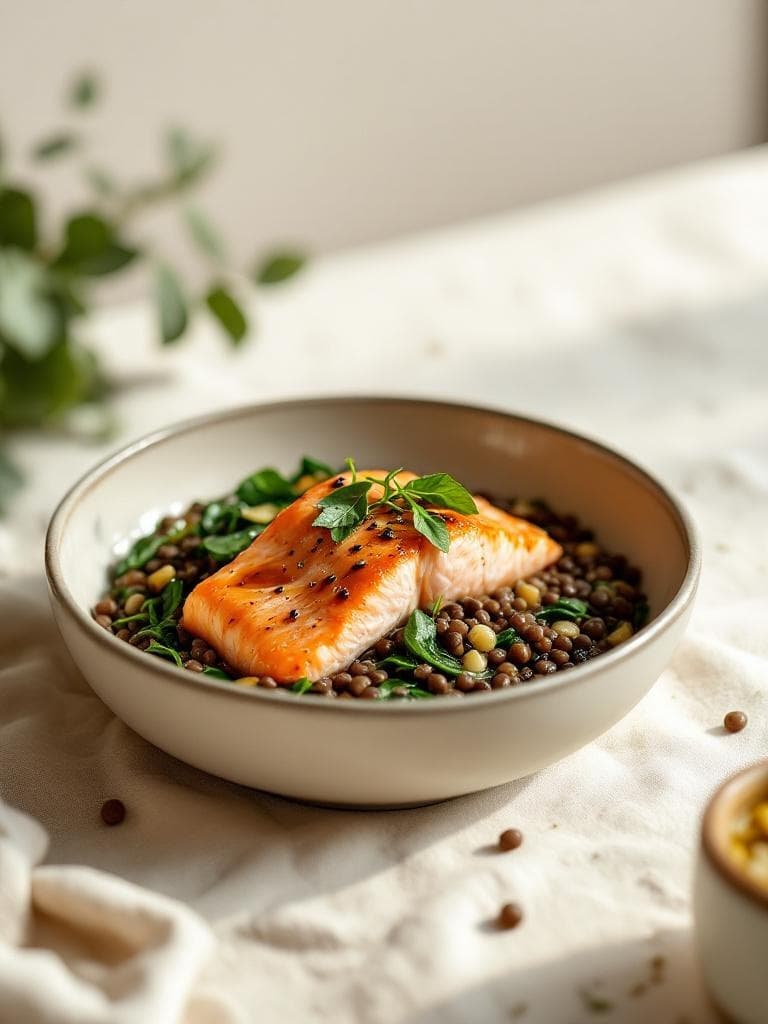 Lachs auf Linsen mit Spinat