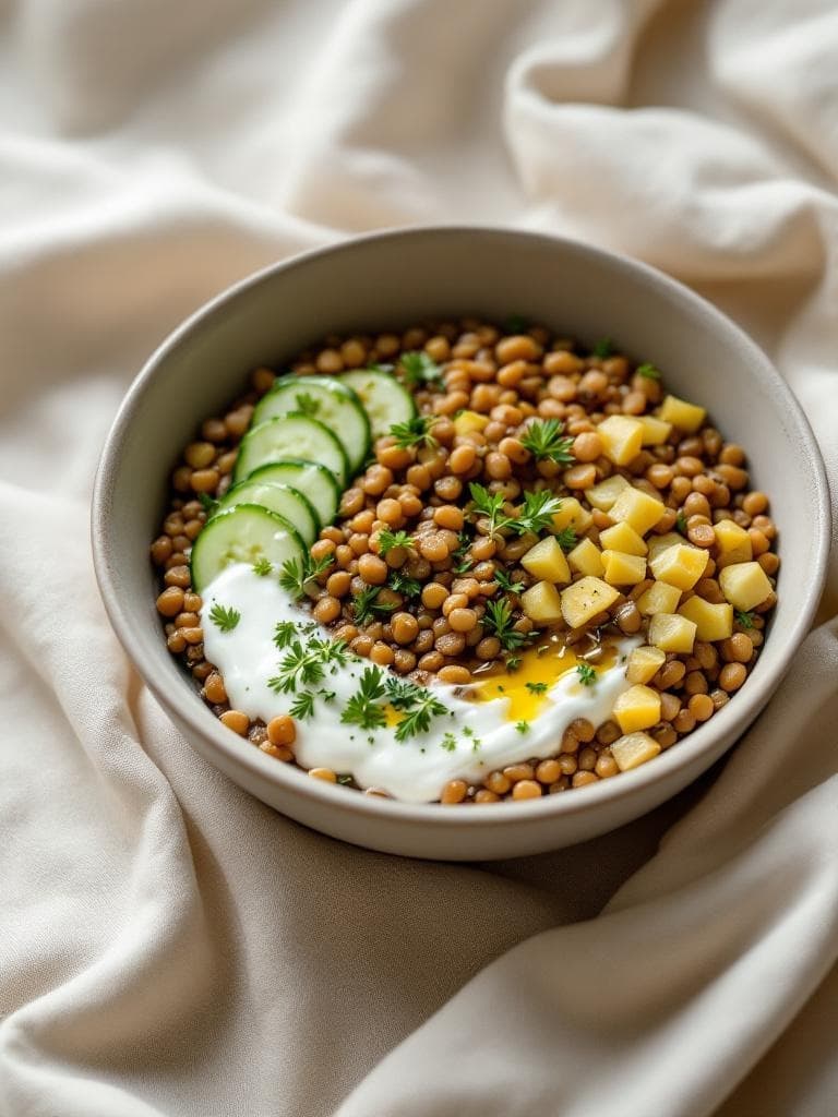 Linsen-Bowl mit Joghurt-Dressing und Gurke