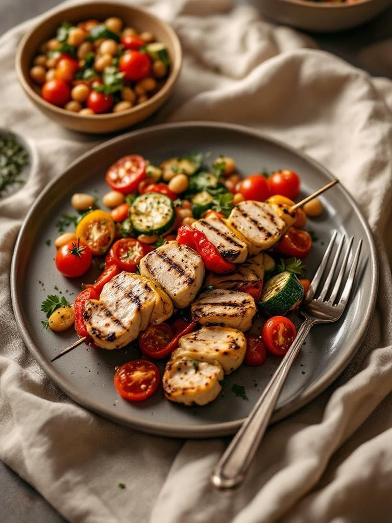Putenspieße mit Tomaten-Bohnen-Salat