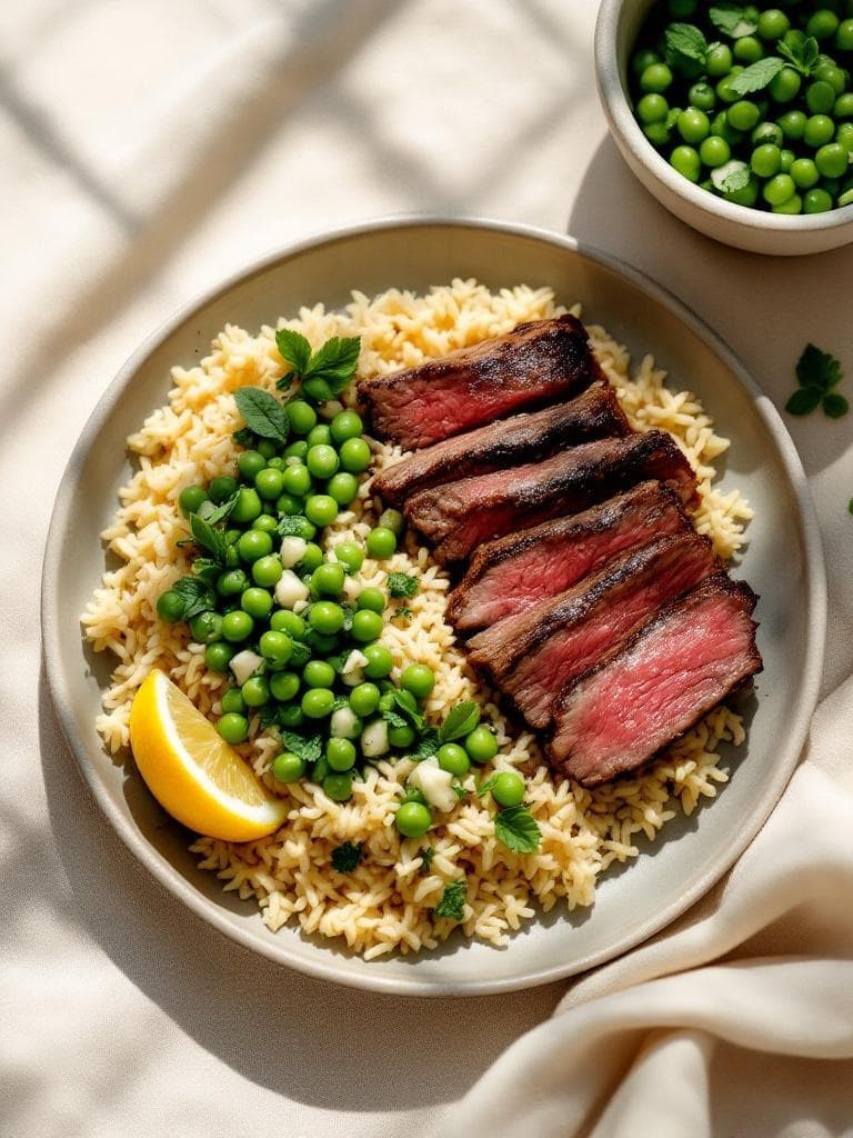 Rindersteak mit Reis und Erbsen-Minz-Salsa