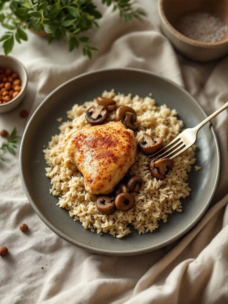 Hähnchenschenkel mit Reis und Pilzen