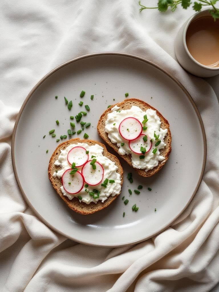 Vollkornbrot mit Hüttenkäse und Radieschen