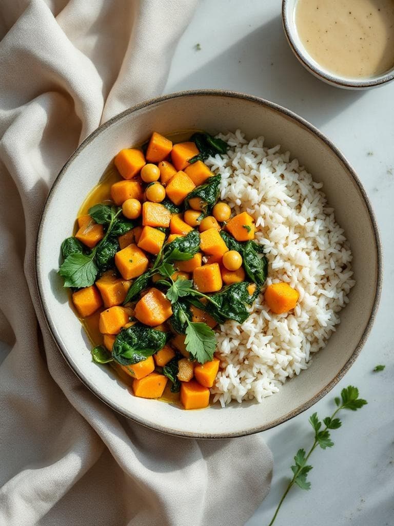 Kichererbsen-Curry mit Süßkartoffel und Spinat