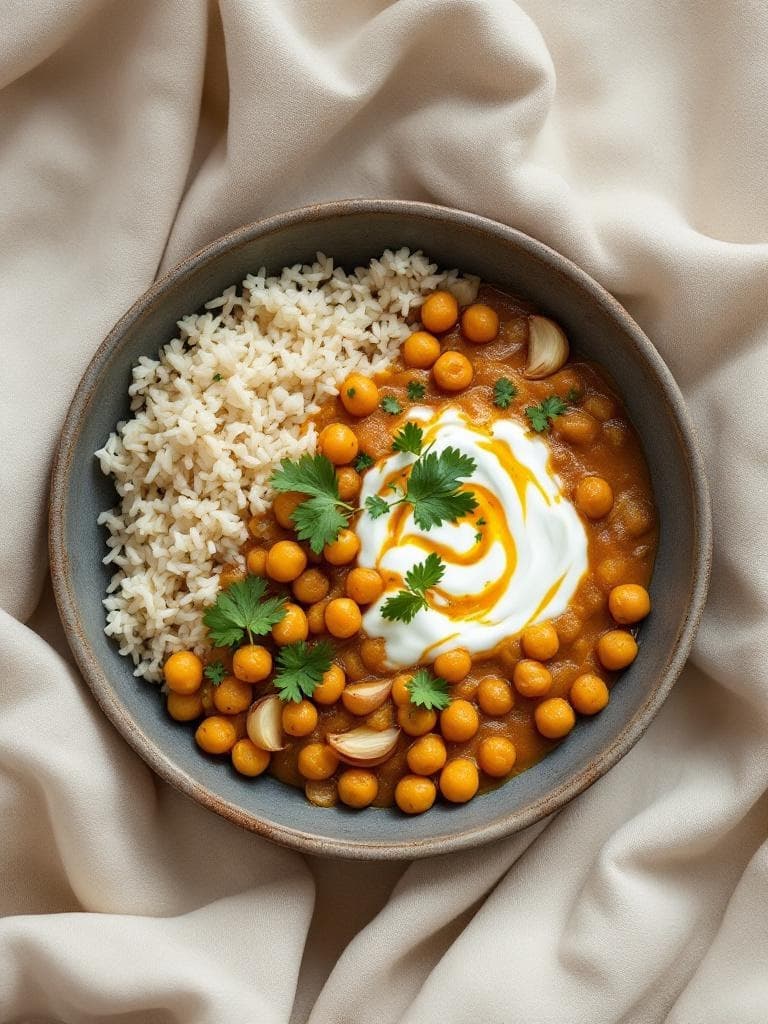 Kichererbsen-Curry mit Joghurt und Reis