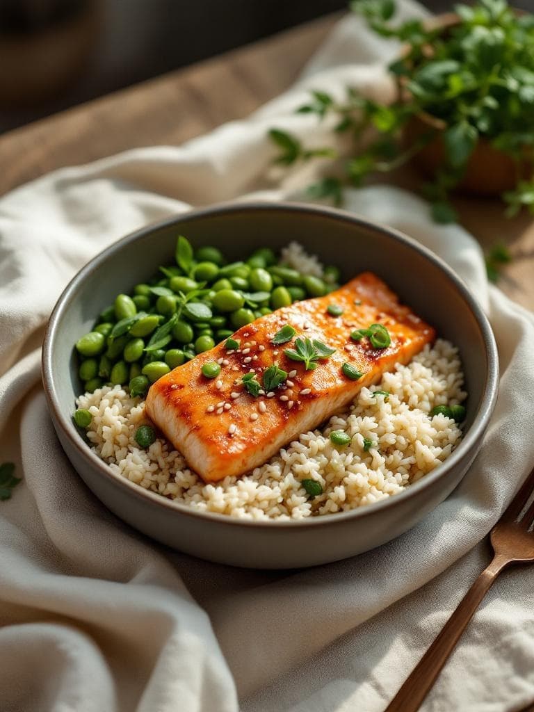 Lachs-Teriyaki-Bowl mit Reis und Edamame