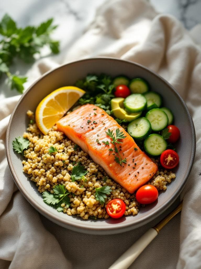 Lachsfilet auf Quinoa-Bowl mit Gurke