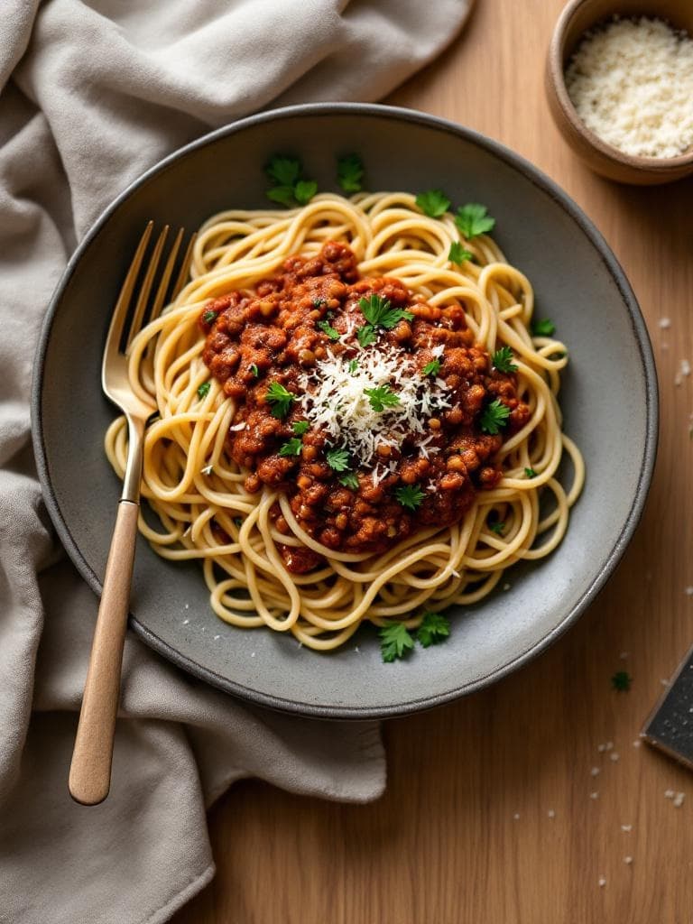 Linsen-Bolognese mit Vollkornpasta