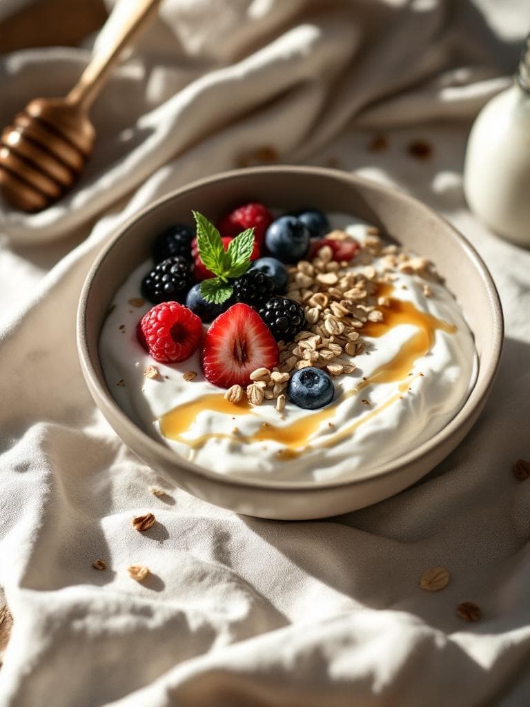 Magerquark-Schüssel mit Beeren und Haferflocken
