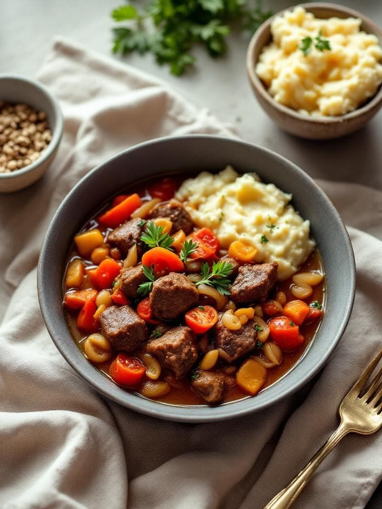 Langsam geschmortes Rindergulasch mit Kartoffelpüree