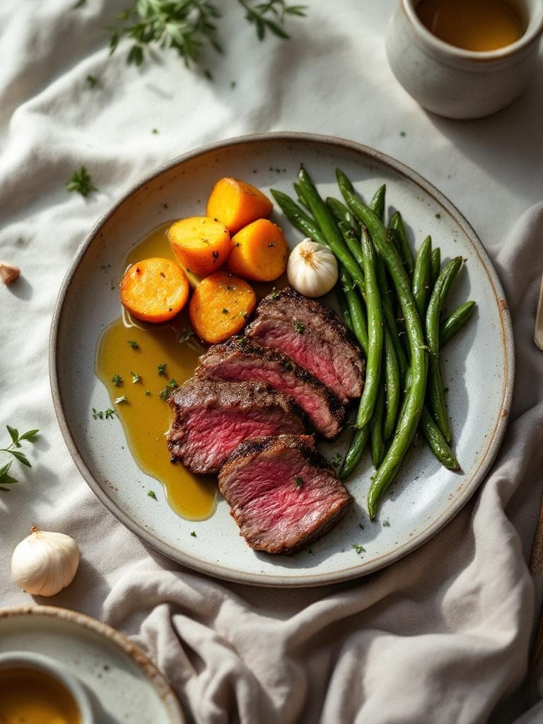 Rindersteak mit Süßkartoffel und grünen Bohnen