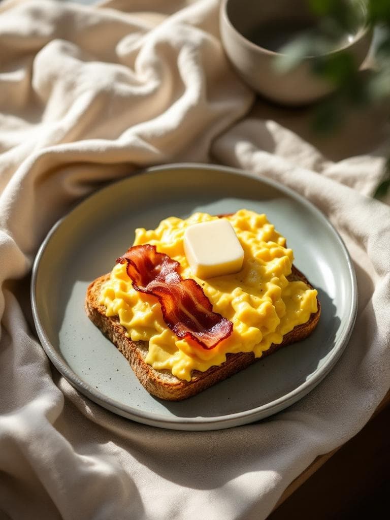 Rührei mit Rückenspeck auf Vollkorntoast