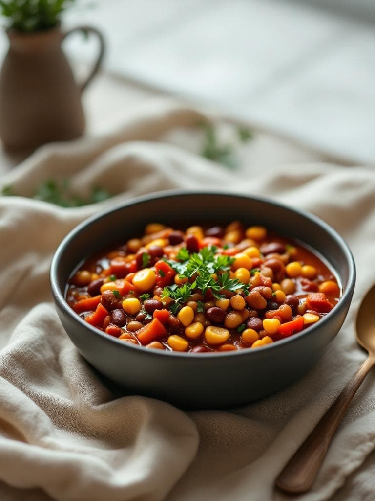 Tempeh-Chili mit Kidneybohnen und Mais