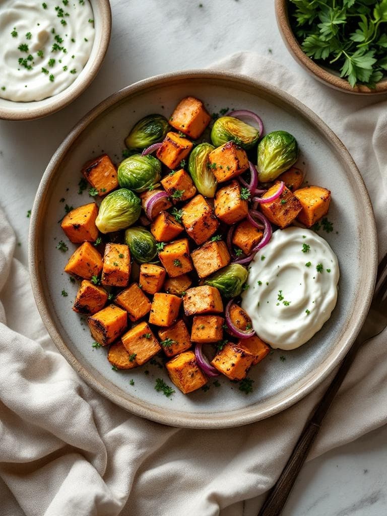 Tempeh-Gemüse-Pfanne mit Skyr-Kräuter-Dip