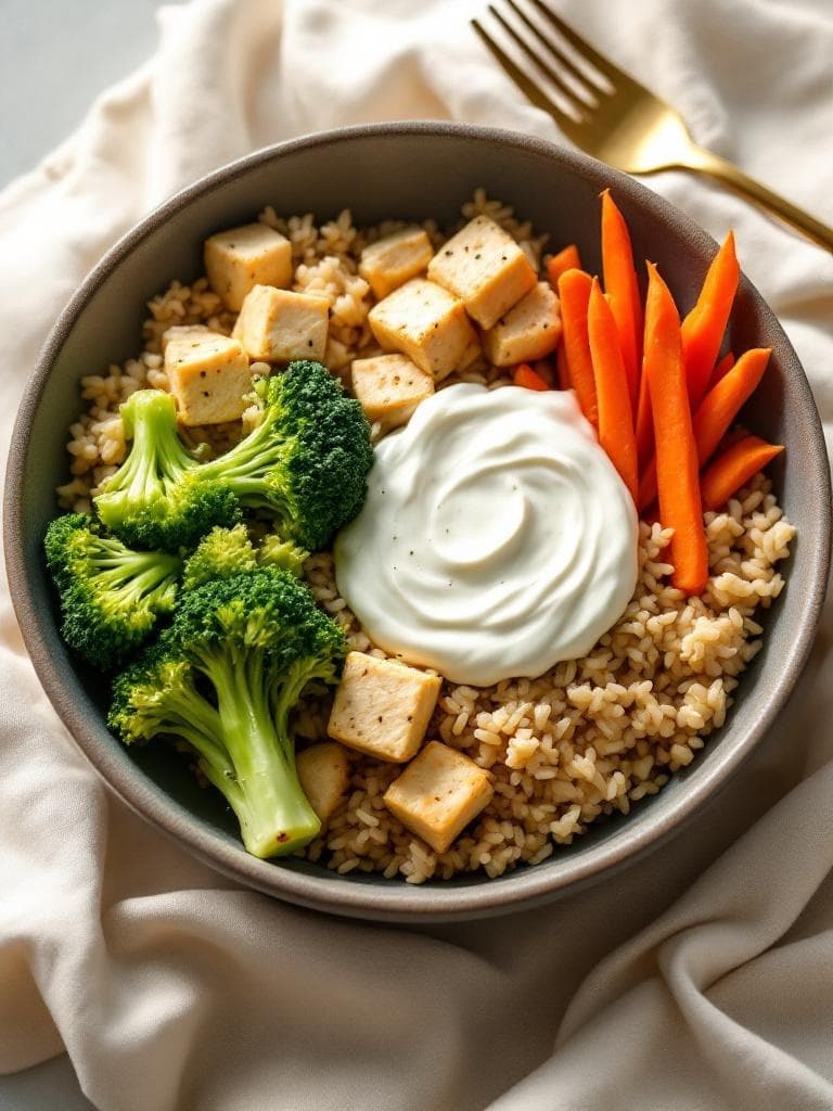 Tofu-Reis-Bowl mit Joghurt-Dip